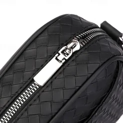 Sleek Black Woven Men's Crossbody Bag - Stylish Compact Design with Multiple Zippered Compartments, Ideal for Everyday Use and Travel