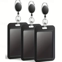 Sliding Badge Holder Hard Black Vertical Plastic Card Case Protector With Retractable Badge Reel Carabiner For Office School ID Credit Proximity Key Card Drivers License And Pass, Back to School Gift