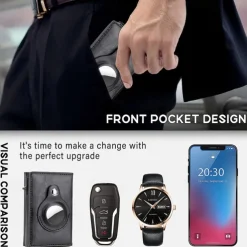 Slim Wallet for AirTag with Money Holder Multifunction Solid Color PU Leather Trifold Wallet with Card Slot ID Window RFID Technology Credit Card Holder