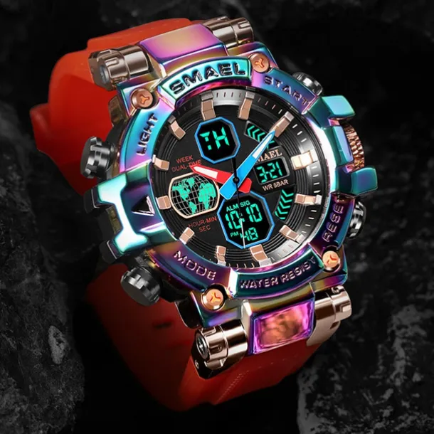 Smael New Alloy Colorful Gradient Men'S Electronic Quartz Sports Leisure Decoration Night Light Waterproof Calendar Display Alarm Clock Men'S Watch