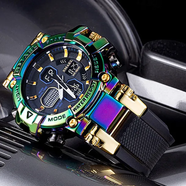 Smael New Alloy Colorful Gradient Men'S Electronic Quartz Sports Leisure Decoration Night Light Waterproof Calendar Display Alarm Clock Men'S Watch