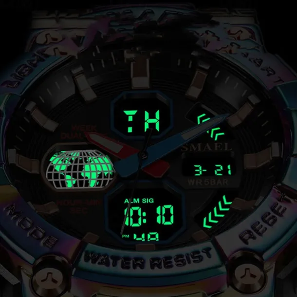 Smael New Alloy Colorful Gradient Men'S Electronic Quartz Sports Leisure Decoration Night Light Waterproof Calendar Display Alarm Clock Men'S Watch