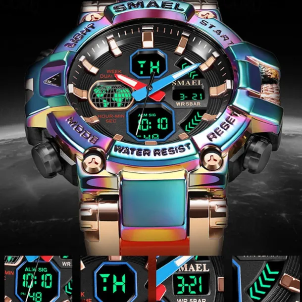 Smael New Alloy Colorful Gradient Men'S Electronic Quartz Sports Leisure Decoration Night Light Waterproof Calendar Display Alarm Clock Men'S Watch