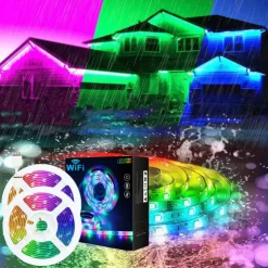 Smart SMD 5050 LED Strip Light WIFI App RGB Control Music Sync Work with Alexa Google 2x7.5M 50ft Colour Changing Home Kitchen TV Party with 24-Key Remote Sensitive Built-in Mic DC12V