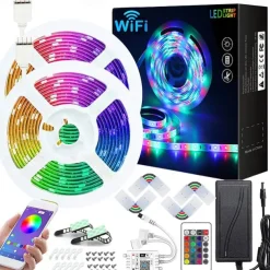 Smart SMD 5050 LED Strip Light WIFI App RGB Control Music Sync Work with Alexa Google 2x7.5M 50ft Colour Changing Home Kitchen TV Party with 24-Key Remote Sensitive Built-in Mic DC12V