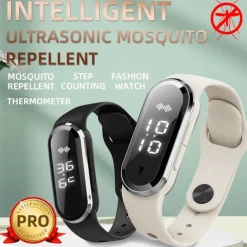 Smart Ultrasonic Mosquito Repellent Bracelet – Digital Watch with Pedometer, Body Temperature Display, USB Charging, Long-Term Wearable Protection