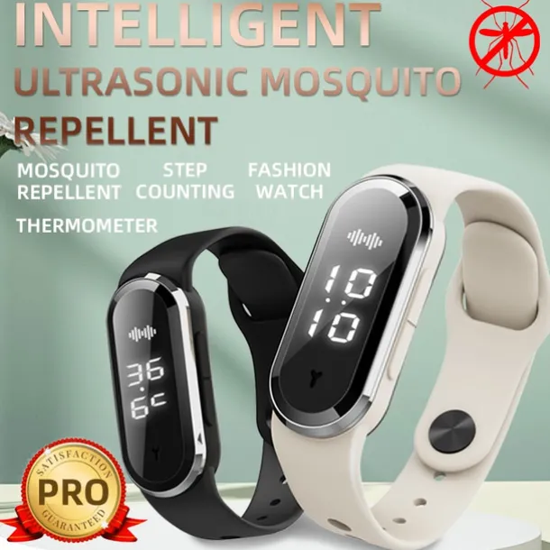 Smart Ultrasonic Mosquito Repellent Bracelet – Digital Watch with Pedometer, Body Temperature Display, USB Charging, Long-Term Wearable Protection