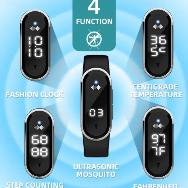 Smart Ultrasonic Mosquito Repellent Bracelet – Digital Watch with Pedometer, Body Temperature Display, USB Charging, Long-Term Wearable Protection