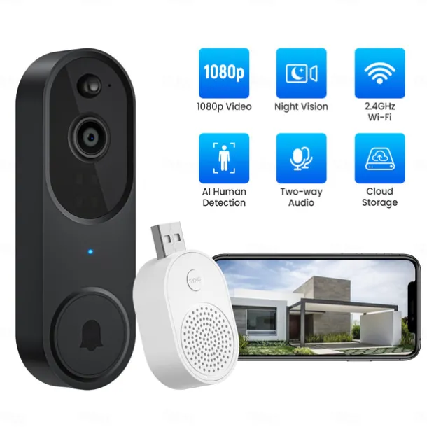 Smart Video Doorbell with Wireless Chime, Night Vision Camera, Two-Way Audio (T50 Beige (Including Dingdong, USB Cable))