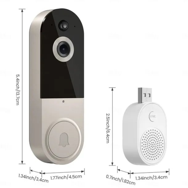 Smart Video Doorbell with Wireless Chime, Night Vision Camera, Two-Way Audio (T50 Beige (Including Dingdong, USB Cable))