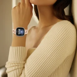 Smart Watch Band Compatible with Fitbit Versa 4, Sense 2, Versa 3, Sense Stainless Steel Smartwatch Strap Women Glitter Crystal Jewelry Bracelet Replacement Wristband