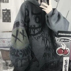 Smile Face Print Oversized Hoodie Sweater Punk Goth Hip-Hop Street BF Style Harajuku Women's Adults' Halloween Casual Daily