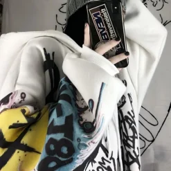 Smile Face Print Oversized Hoodie Sweater Punk Goth Hip-Hop Street BF Style Harajuku Women's Adults' Halloween Casual Daily