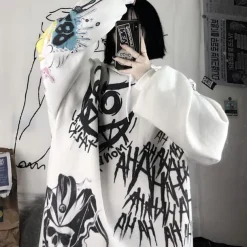 Smile Face Print Oversized Hoodie Sweater Punk Goth Hip-Hop Street BF Style Harajuku Women's Adults' Halloween Casual Daily