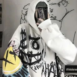 Smile Face Print Oversized Hoodie Sweater Punk Goth Hip-Hop Street BF Style Harajuku Women's Adults' Halloween Casual Daily