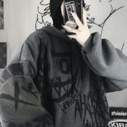 Smile Face Print Oversized Hoodie Sweater Punk Goth Hip-Hop Street BF Style Harajuku Women's Adults' Halloween Casual Daily