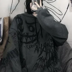 Smile Face Print Oversized Hoodie Sweater Punk Goth Hip-Hop Street BF Style Harajuku Women's Adults' Halloween Casual Daily