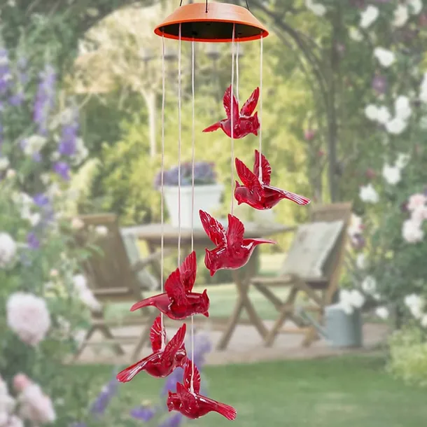 Solar Cardinal Red Bird Wind Chime LED Lights Spinners Spiral String Hanging Outdoor Garden Home Wall Decorations Red