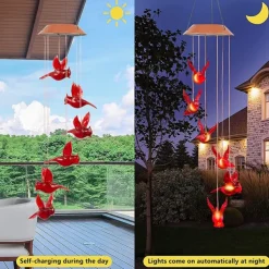 Solar Cardinal Red Bird Wind Chime LED Lights Spinners Spiral String Hanging Outdoor Garden Home Wall Decorations Red