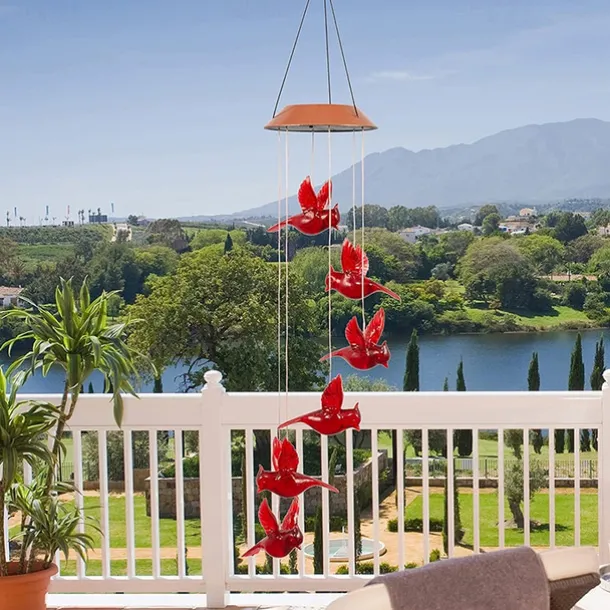 Solar Cardinal Red Bird Wind Chime LED Lights Spinners Spiral String Hanging Outdoor Garden Home Wall Decorations Red