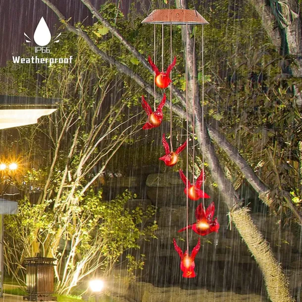 Solar Cardinal Red Bird Wind Chime LED Lights Spinners Spiral String Hanging Outdoor Garden Home Wall Decorations Red