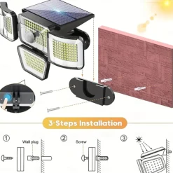 Solar Flood Lights Outdoor Lights 278LEDs 3000LM Motion Sensor Lights Solar Powered Lights 4 Heads Security Flood Lights IP65 Waterproof 300 Wide Angle Wall Lights With 3 Modes for Garden Yard Pathway
