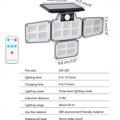 Solar Flood Lights Security LED Outdoor Lights 120/168/228 LED Bead Outdoor Solar Remote Control Wall Lamp LED Body Sensing Garden Lamp Home Garage Lamp Road Lighting Solar Lamp