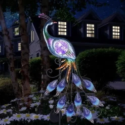 Solar Garden Lights Outdoor Metal Peacock Garden Decor Solar Path Light Stakes IP65 Waterproof Landscape Light for Outdoor Yard Walkway Patio Lawn Ornaments