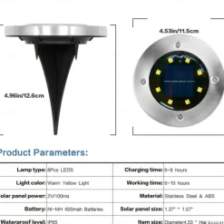Solar Ground Lights 8LEDs Garden Lights Patio Disk Lights In-Ground Outdoor Landscape Lighting for Lawn Patio Pathway Yard Deck Walkway