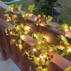Solar Ivy Leaf Rose Leaf String Lights Outdoor LED Hanging Lights Artificial for Valentines Yard Fence Garden Wall Hanging Decoration Lighting Waterproof Light