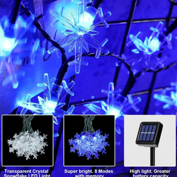 Solar LED Christmas Snowflake Waterproof Fairy String Lights 30/50/100 LED 8 Modes of Lighting Outdoor Backyard Garden Holiday Garden Wedding New Year Party Outdoor Indoor Decoration