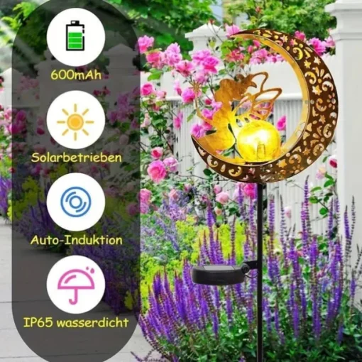 Solar Lights Fairy Moon Shape Garden Lights Outdoor Metal Solar Garden Lights Waterproof LED Glass Ball Outdoor Lights Fairy Figures Elf Garden Solar Light Decoration Patio Path Lawn Halloween Christmas