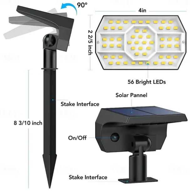 Solar Lights Outdoor Waterproof IP68 56LED Solar Landscape Lawn Spotlights for Garden Patio Yard Pathway Lighting, Two Methods of Ground Insertion and Wall Hanging 1PC