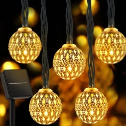 Solar Moroccan String Lights Christmas Ball Fairy String Lights 12m 7m 6.5m Outdoor Garden Lights IP65 Waterproof New Year Wedding Party Patio Tree Hanging Lights Xmas Decor Landscape Lamp