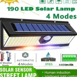 Solar Outdoor Wall Lights 190 LEDs Motion Sensor Light Waterproof 4 Modes for Garden Stair Fence Door Deck Courtyard Driveway 3-in-1 Red Blue White LEDs