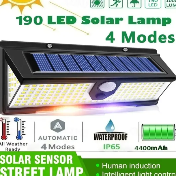 Solar Outdoor Wall Lights 190 LEDs Motion Sensor Light Waterproof 4 Modes for Garden Stair Fence Door Deck Courtyard Driveway 3-in-1 Red Blue White LEDs