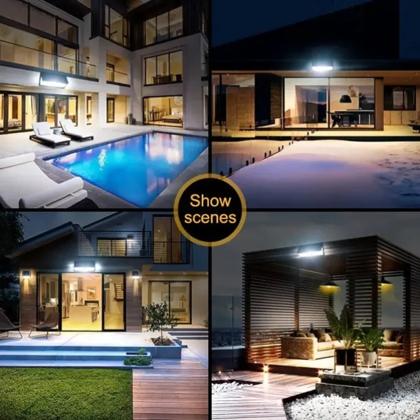 Solar Outdoor Wall Lights 190 LEDs Motion Sensor Light Waterproof 4 Modes for Garden Stair Fence Door Deck Courtyard Driveway 3-in-1 Red Blue White LEDs