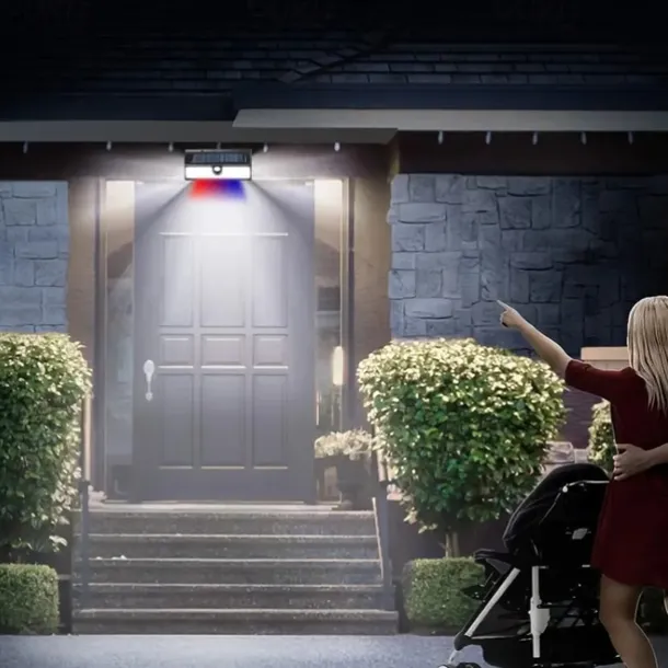 Solar Outdoor Wall Lights 190 LEDs Motion Sensor Light Waterproof 4 Modes for Garden Stair Fence Door Deck Courtyard Driveway 3-in-1 Red Blue White LEDs