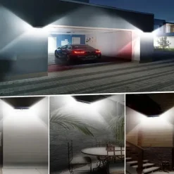 Solar Outdoor Wall Lights 190 LEDs Motion Sensor Light Waterproof 4 Modes for Garden Stair Fence Door Deck Courtyard Driveway 3-in-1 Red Blue White LEDs