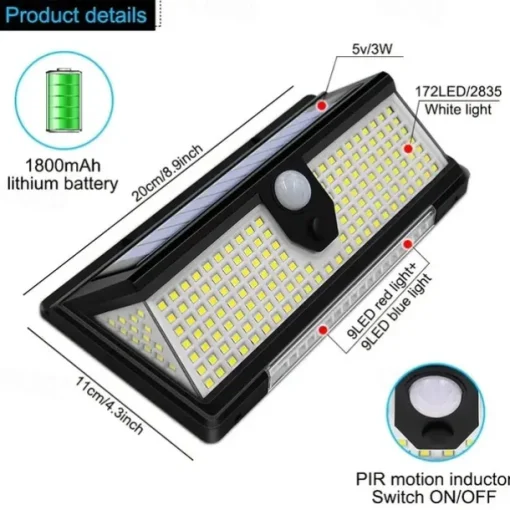 Solar Outdoor Wall Lights 190 LEDs Motion Sensor Light Waterproof 4 Modes for Garden Stair Fence Door Deck Courtyard Driveway 3-in-1 Red Blue White LEDs