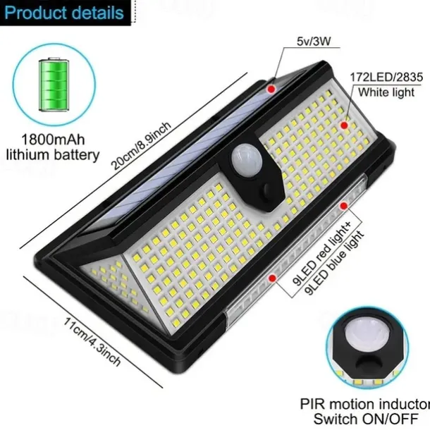Solar Outdoor Wall Lights 190 LEDs Motion Sensor Light Waterproof 4 Modes for Garden Stair Fence Door Deck Courtyard Driveway 3-in-1 Red Blue White LEDs