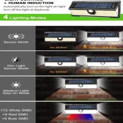 Solar Outdoor Wall Lights 190 LEDs Motion Sensor Light Waterproof 4 Modes for Garden Stair Fence Door Deck Courtyard Driveway 3-in-1 Red Blue White LEDs
