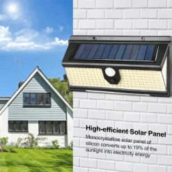 Solar Outdoor Wall Lights 190 LEDs Motion Sensor Light Waterproof 4 Modes for Garden Stair Fence Door Deck Courtyard Driveway 3-in-1 Red Blue White LEDs