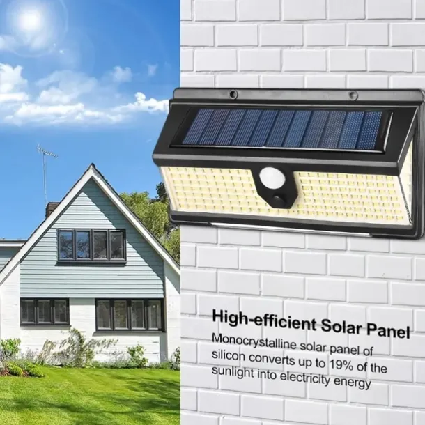 Solar Outdoor Wall Lights 190 LEDs Motion Sensor Light Waterproof 4 Modes for Garden Stair Fence Door Deck Courtyard Driveway 3-in-1 Red Blue White LEDs