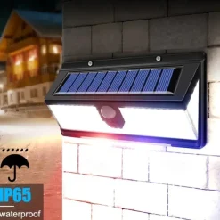 Solar Outdoor Wall Lights 190 LEDs Motion Sensor Light Waterproof 4 Modes for Garden Stair Fence Door Deck Courtyard Driveway 3-in-1 Red Blue White LEDs