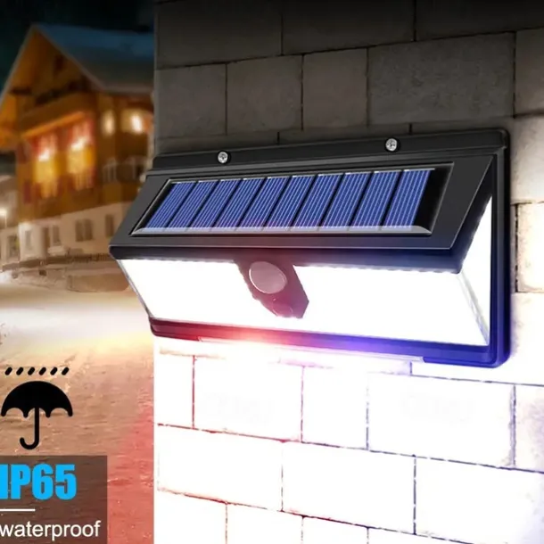 Solar Outdoor Wall Lights 190 LEDs Motion Sensor Light Waterproof 4 Modes for Garden Stair Fence Door Deck Courtyard Driveway 3-in-1 Red Blue White LEDs
