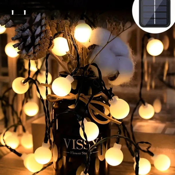 Solar Outdoor Waterproof LED Spherical Exterior Light 6m/7.5m/12m for Garden Christmas Holiday Camping Party Outdoor Decoration 8 Lighting Modes 30/50/100LEDs