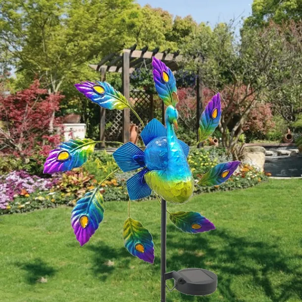Solar Painted Peacock Garden Lights Metal Peacock Windmill Yard Stakes Outdoor Wind Spinners For Garden Yard Patio Lawn Decor lamp 1PC