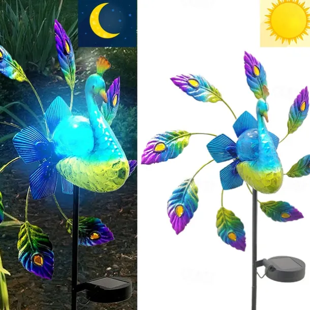 Solar Painted Peacock Garden Lights Metal Peacock Windmill Yard Stakes Outdoor Wind Spinners For Garden Yard Patio Lawn Decor lamp 1PC