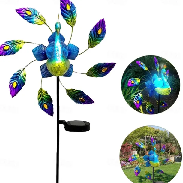 Solar Painted Peacock Garden Lights Metal Peacock Windmill Yard Stakes Outdoor Wind Spinners For Garden Yard Patio Lawn Decor lamp 1PC